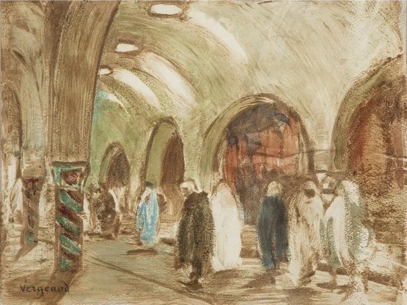 1876-Jean Antoine Armand Vergeaud - Passeggiatori nel Souk El-Berka di Tunisi